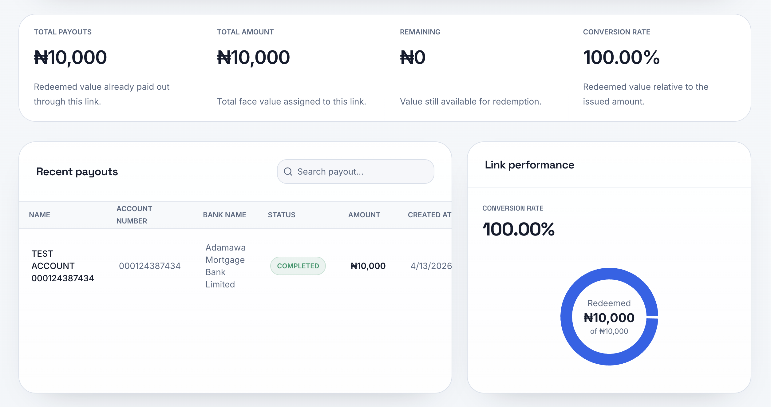 LinkCash recent payouts table beside a link performance chart.